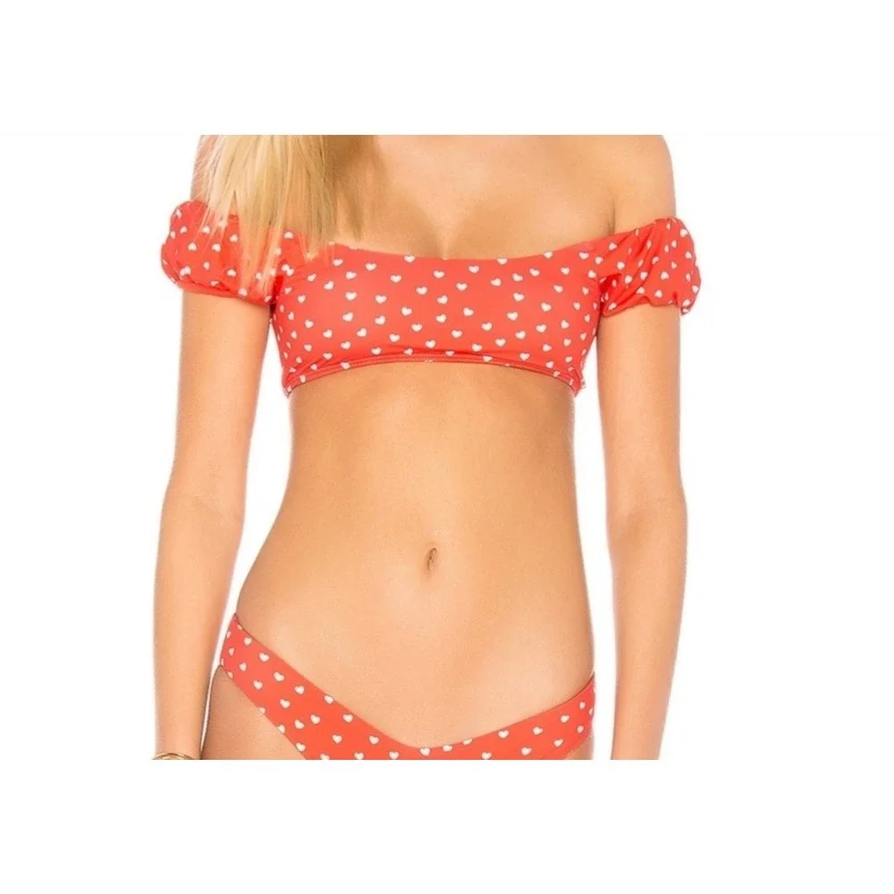 NEW Beach Riot Bikini‎ Top L Red White Hearts Off Shoulder Swim Top Retro Y2K